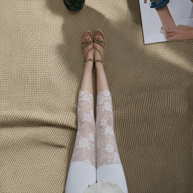 蕾丝镂空白色打底裤外穿网纱防走光弹力七分裤女薄款大码小脚中裤