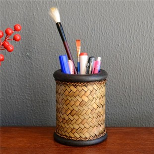 泰国竹编实木复古笔筒圆形办公用品礼品桌面收纳摆色创意