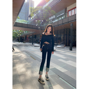 不掉色薄绒翻边直筒牛仔裤女冬2021秋季新款卷边加绒小个子烟管裤