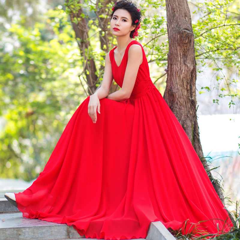 海边度假复古v领无袖翠绿色雪纺大摆连衣裙女系带抽绳沙滩长裙子