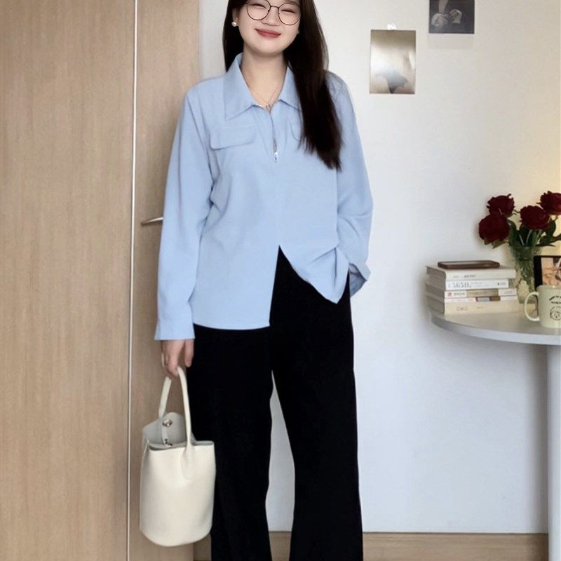 微胖的喵喵 大码女生秋季气质百搭宽松显瘦开叉长袖衬衫上衣 6937