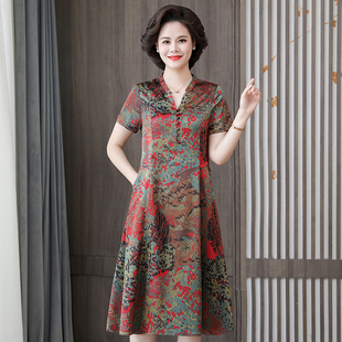 高档中老年妈妈装连衣裙女中长款洋气遮肚子新款夏装收腰过膝裙子