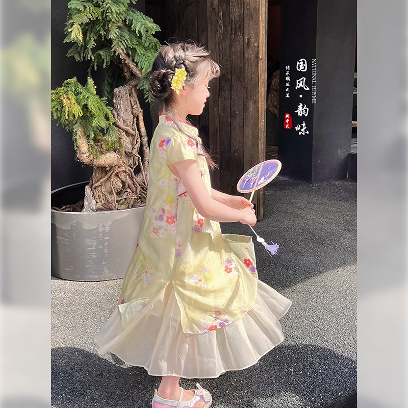女童旗袍2024夏季新款儿童裙子新中式短袖连衣裙宝宝国风长裙夏装