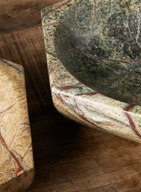 雨林绿大理石材组合花器烛台装饰精致摆件天然石材趣味造型定制意