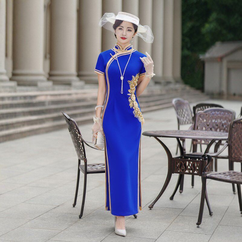 弹力免烫 七分袖走秀旗袍舞台表演高端中国风宝蓝色妈妈装演出服