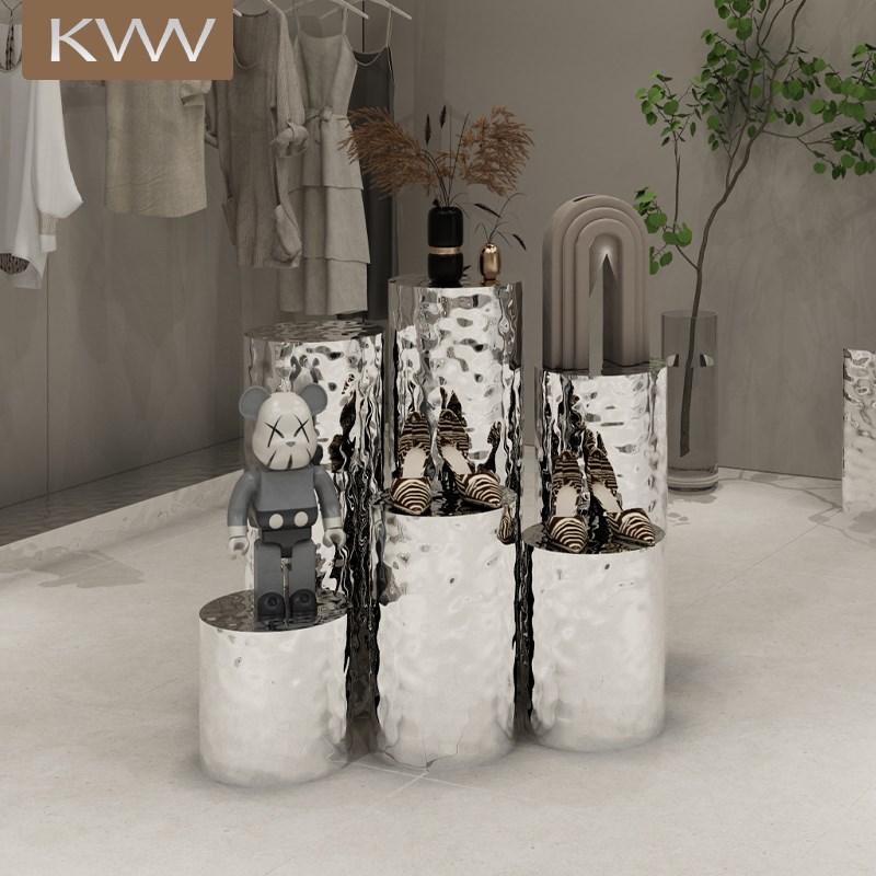 服装店地台买手店水波纹橱窗镜面不锈钢落地式陈列鞋包模特展示台