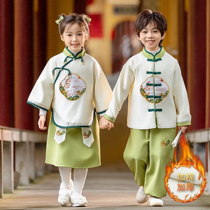 元旦汉服男童国风表演服秋冬装中式套装女童古装演出服国风姐弟装