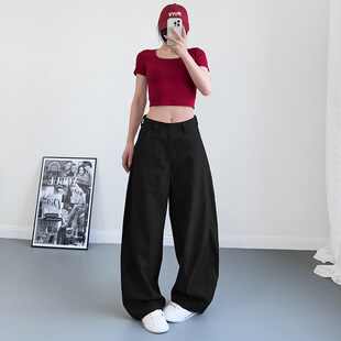 白色西装裤女2025春季大码宽松胖mm显瘦200斤褶皱工装休闲阔腿裤