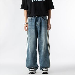 巴黎风美式高街潮牌宽松直筒三条杠条纹牛仔裤男款阔腿裤潮流长裤