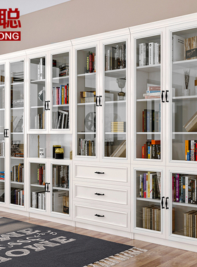 现代简约落地书柜带玻璃门书架组合储物柜收纳柜书房书橱实木靠墙