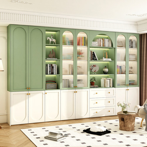 奶油风书柜一体整墙定制家用客厅法式实木书架落地带玻璃门展示柜