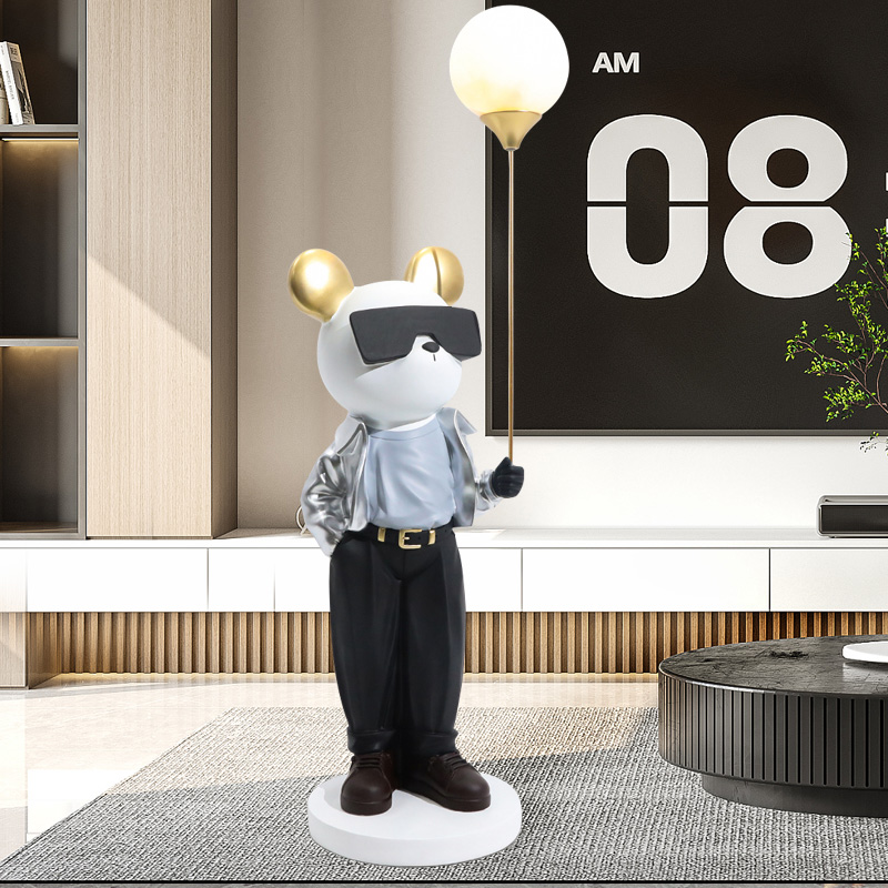 潮酷墨镜熊落地摆件创意夜灯时尚暴力熊轻奢客厅卧室儿童房装饰品