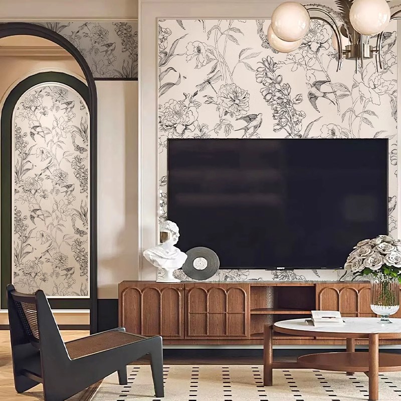 法式线描壁纸燕子沙发电视背景墙布定制壁画卧室壁布餐厅客厅墙纸