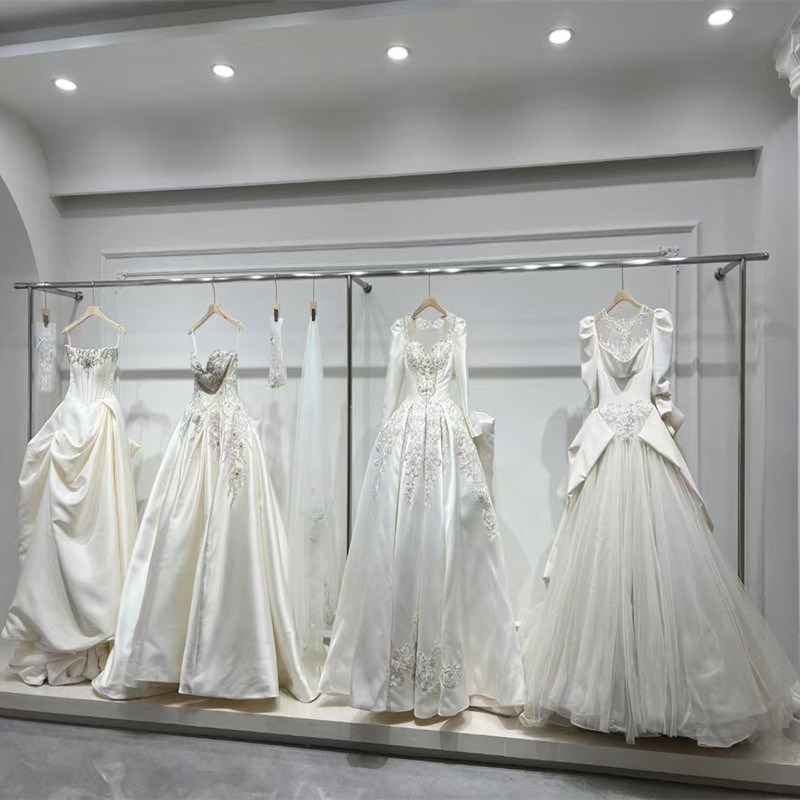 不锈钢拉丝婚纱架子壁挂上墙影楼礼服陈列货架落地靠墙挂衣杆订制