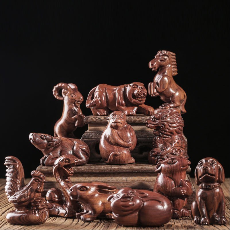 花梨木十二生肖摆件精致木质三合生肖家居客厅桌面装饰品开月送礼