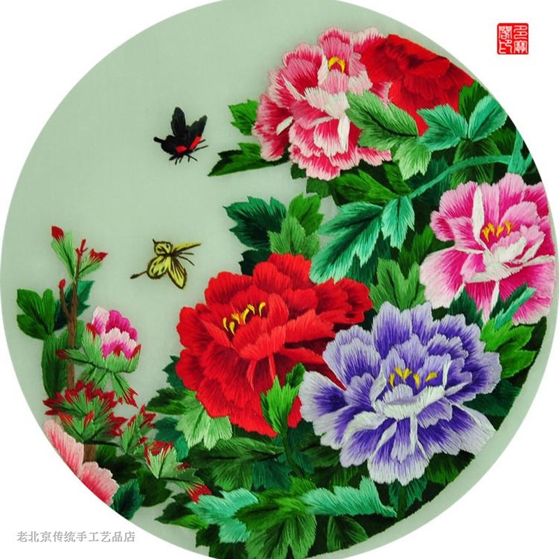 20厘米手工绣品老绣片纯手工刺绣苏绣装饰画20圆面绣蝶恋花鸟图