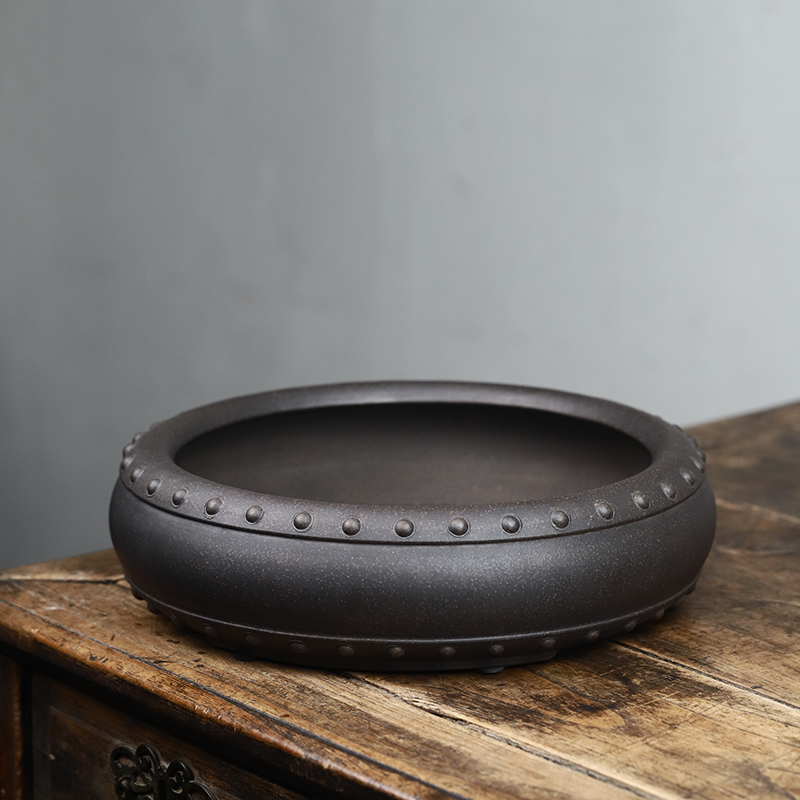 精品紫砂盆景花盆程良正古铜泥鼓钉浅圆形黄杨老桩石榴金弹子古典