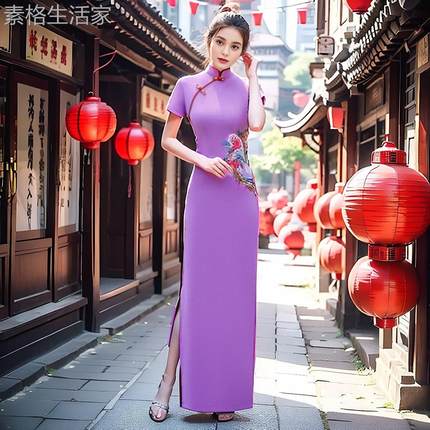 2025新款走秀旗袍长款演团队2024新款蕾丝宴会气优质雅复古改良长