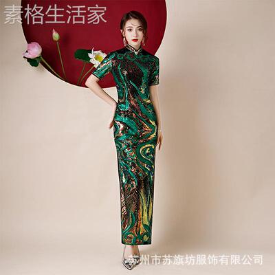 2025新款2022款开亮片新走秀旗袍长款良三分袖舞台改演出舞台高叉
