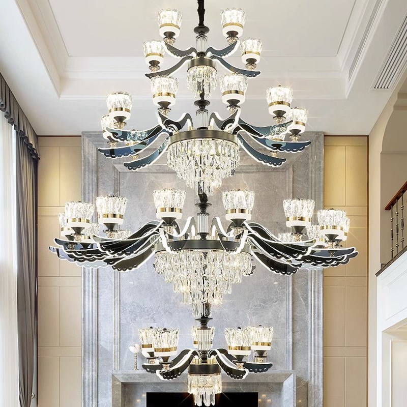 别墅大厅灯奢华大气水晶复式客厅大吊灯楼中楼自建房挑高酒店新