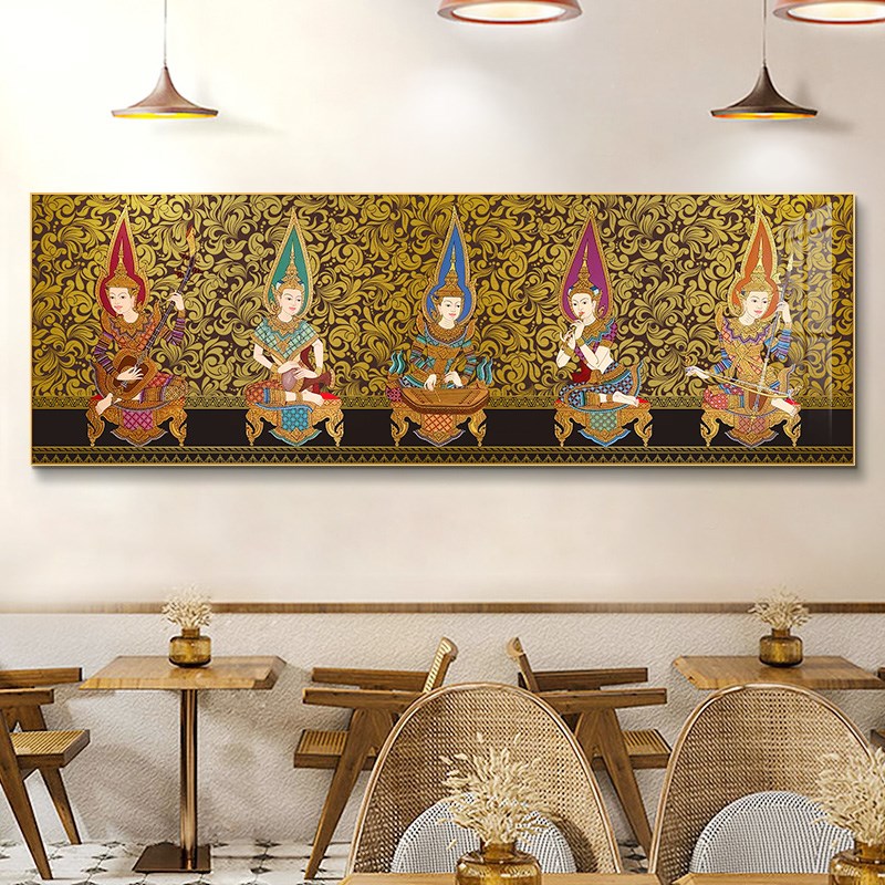 东南亚风格装饰画泰式按摩店墙面傣式背景墙挂画横款长条床头壁画