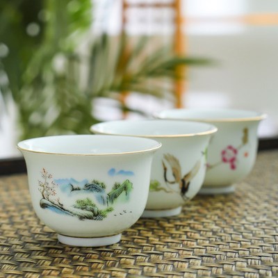 陶瓷小茶杯六个装中式描金复古功夫茶具杯子一口杯70ml小酒杯家用