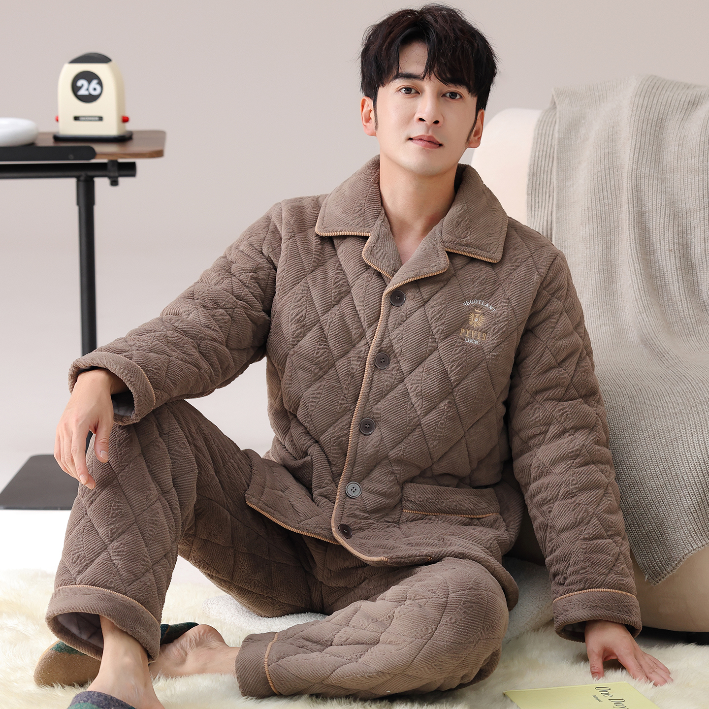 睡衣男冬季加厚加绒三层夹棉保暖