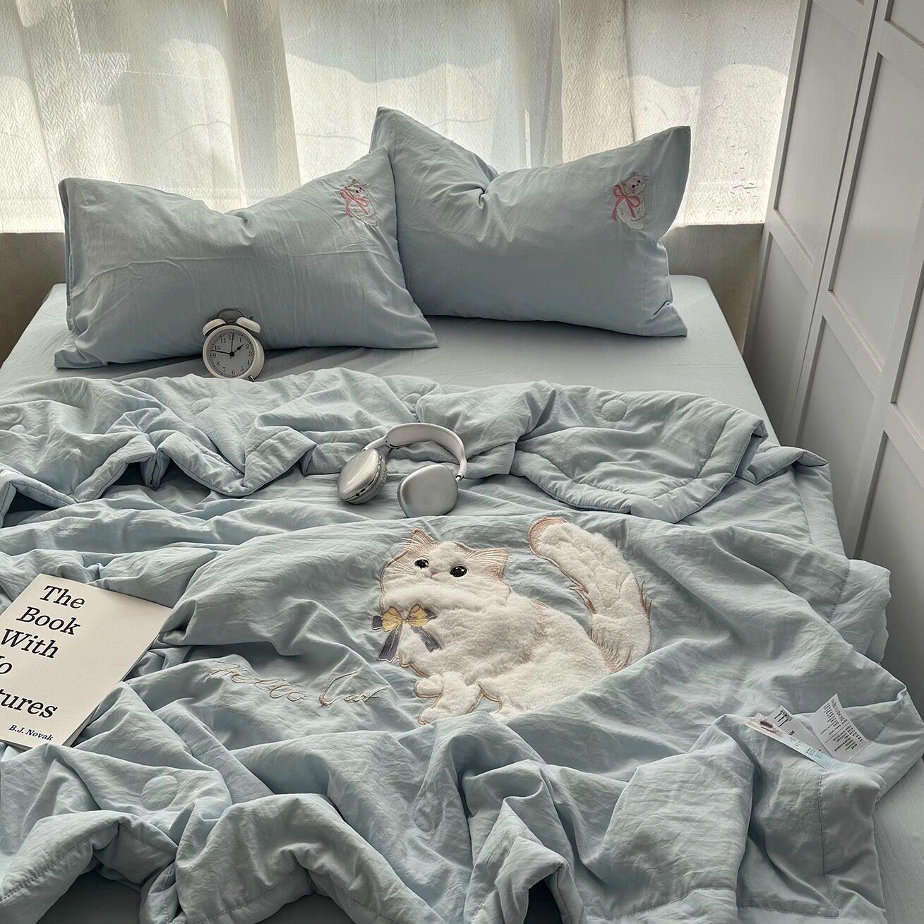少女清ins新小奶猫立体布贴绣夏被件RPQ套可机夏季空调洗被三四件