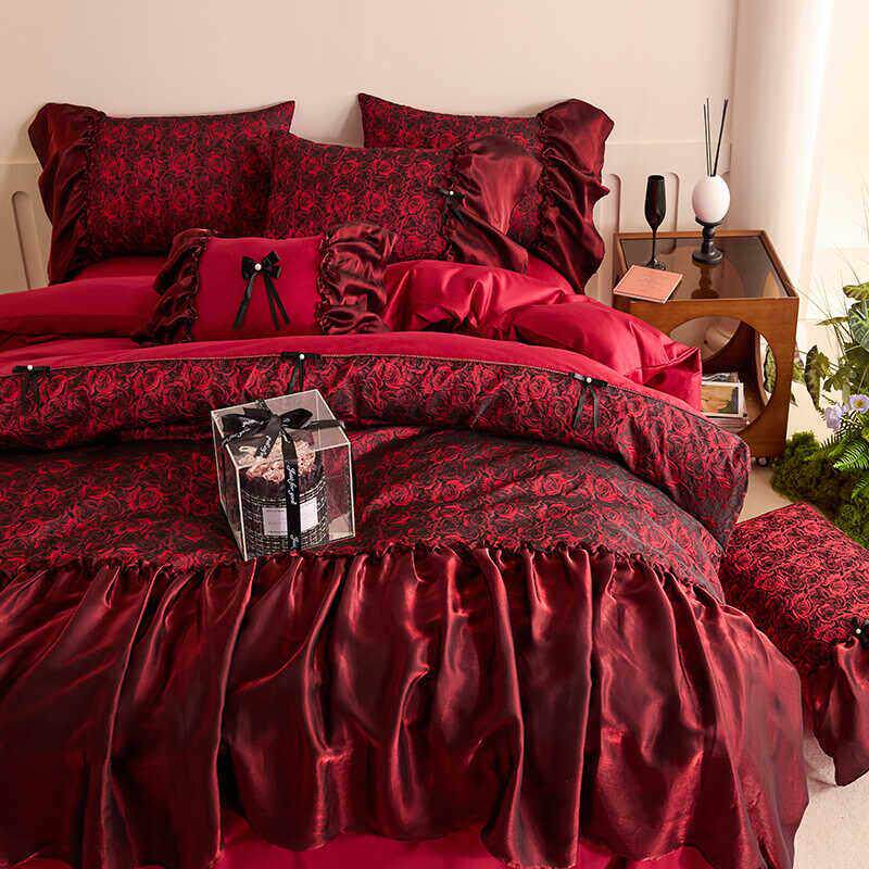 全棉提花玫瑰覆古结婚庆四件套长绒棉贡缎被套酒红公主风法式床品