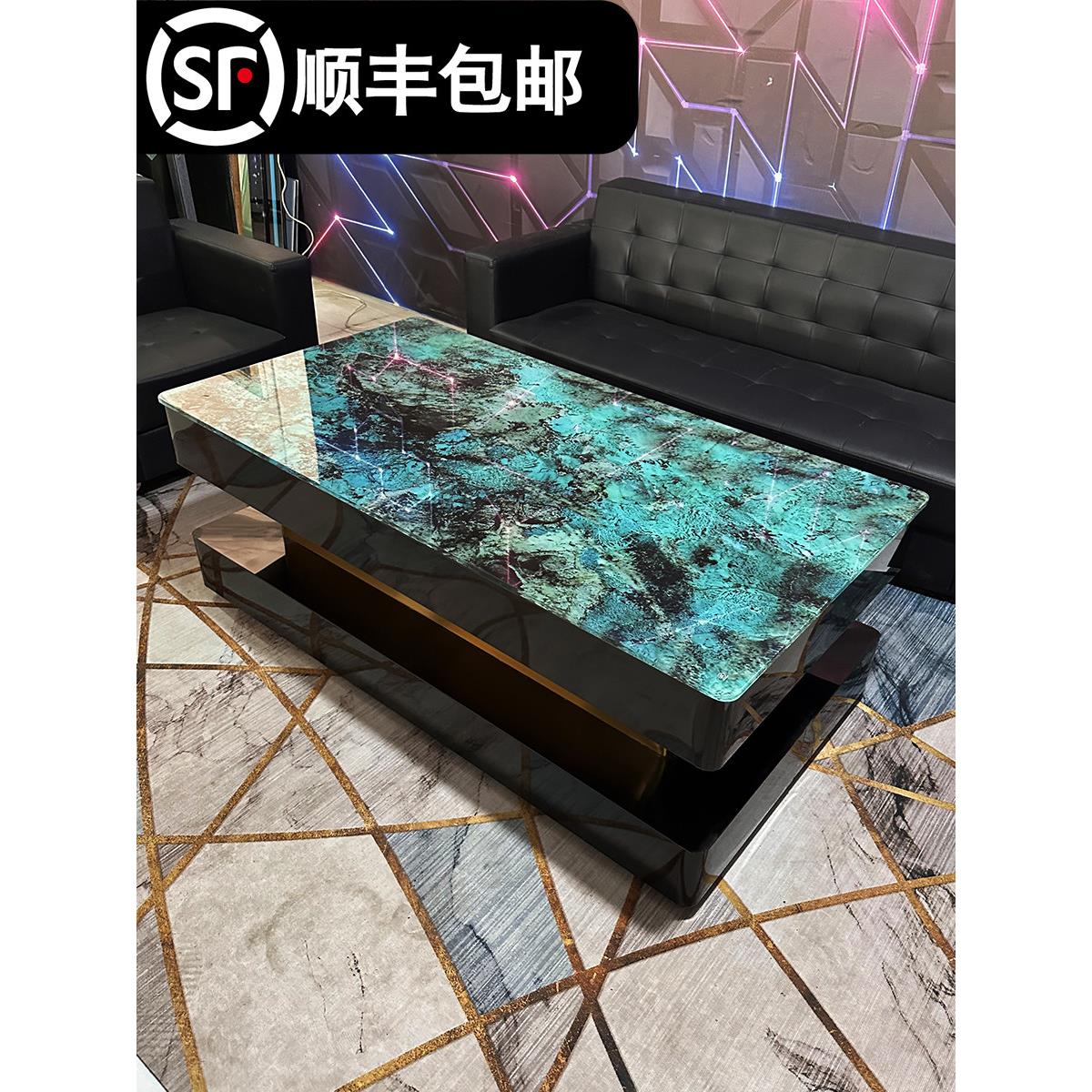 ktv茶几发光电奢专不用酒吧石钢化玻璃大理奢华型岩板锈钢茶台石