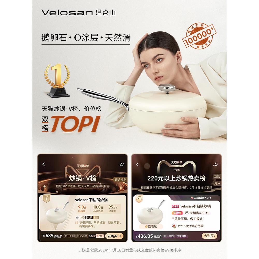 Velosan温仑山无涂层不粘锅钛炒鹅锅家炒菜锅用瓷陶卵石电/磁燃气