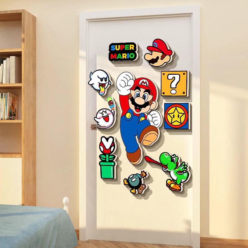 超级玛丽贴纸马里奥挂牌画儿童房间门创意布置互动游戏区墙面装饰