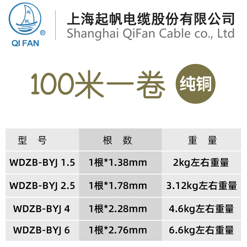 上海起帆电线WDZB-BYJ///平方低烟无卤阻燃单芯硬线100米