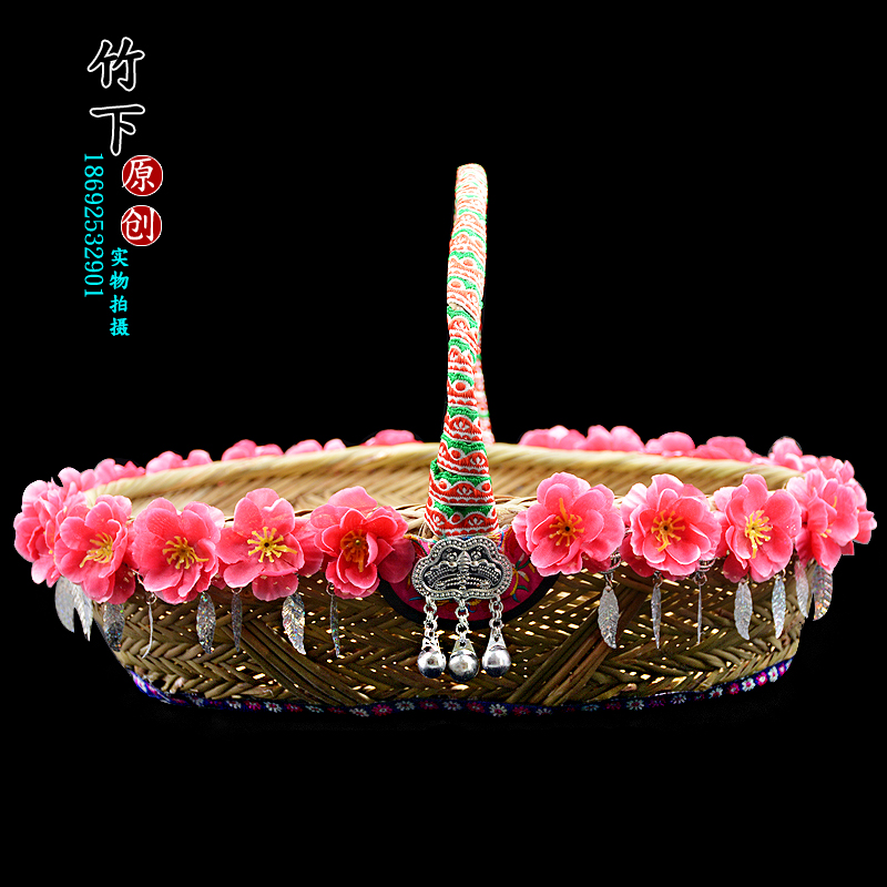 民族创意风手工编织竹制品竹背篓竹篮子手提篮舞蹈道具小背篼竹编