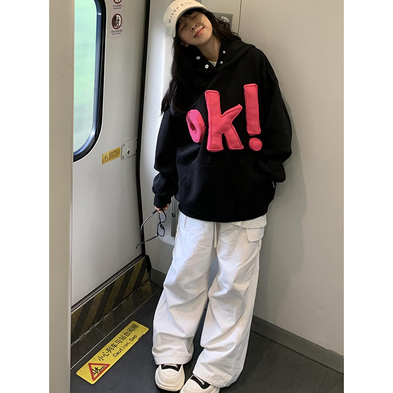 2025新款秋冬加绒加厚美式高街OK字母连帽卫衣女春秋韩系慵懒外套