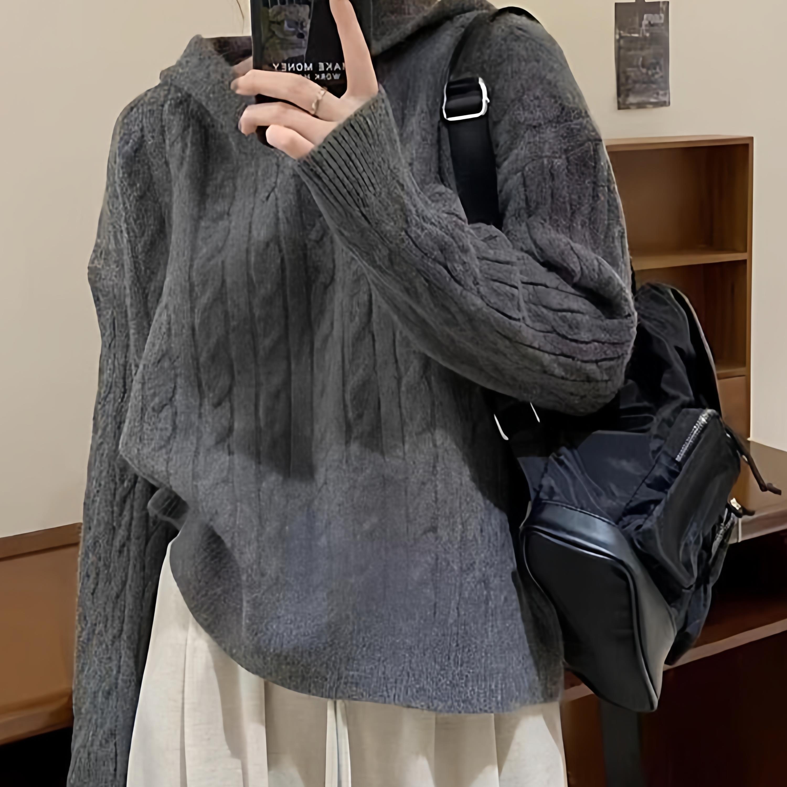 慵懒风复古灰色连帽针织毛衣女秋冬季2025新款小个子内搭打底上衣