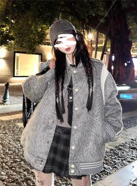 美式覆古撞色慵懒宽松加厚棒球服女秋冬2025新款韩系百搭夹克外套
