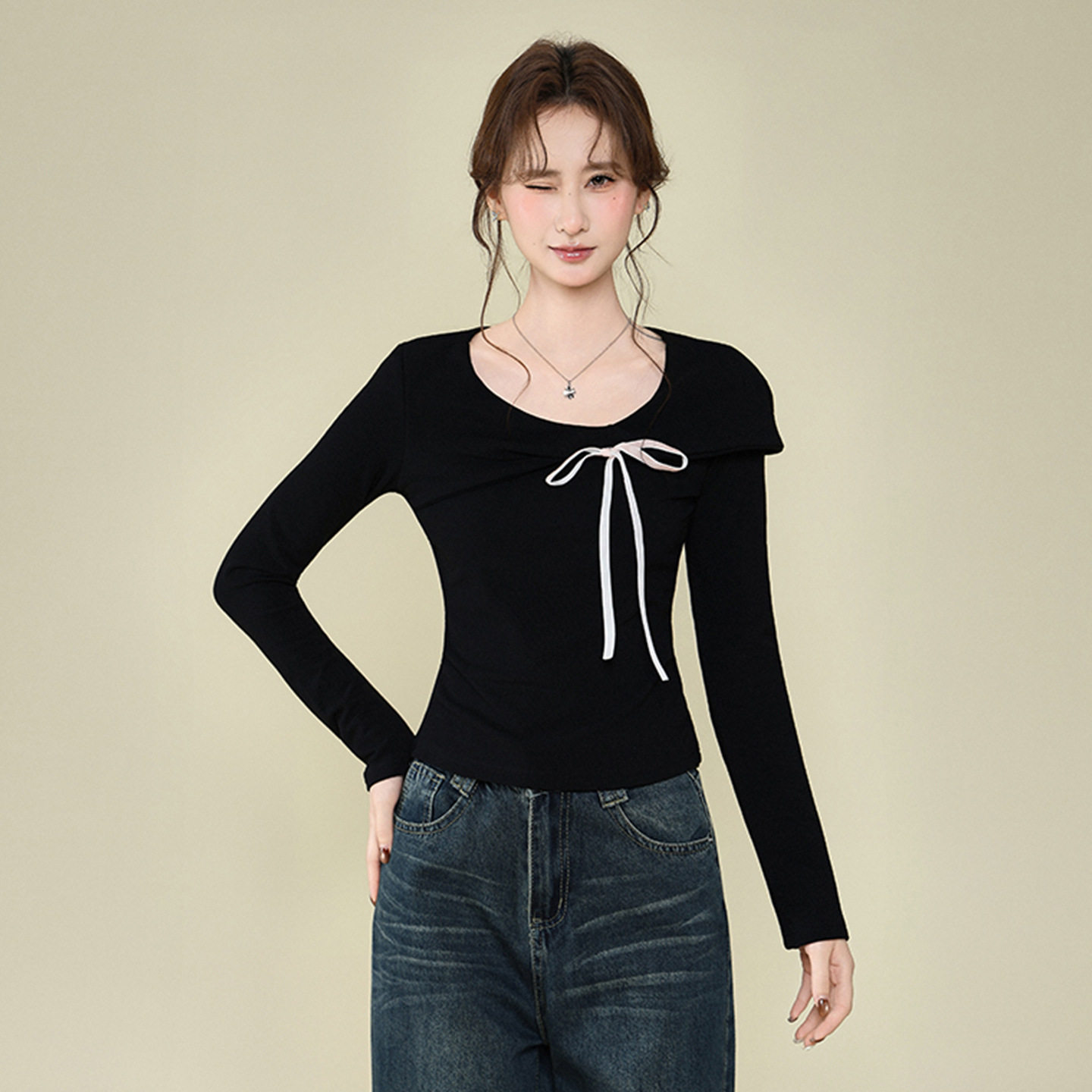 设计感蝴蝶结圆领磨毛T恤内搭女2026秋冬加绒加厚打底衫修身上衣,女装/女士精品,T恤,淘宝优惠券,粉丝福利购,淘宝优惠卷