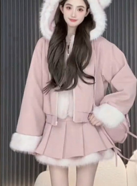 甜美校园风连帽毛领外套短裙套装女冬季减龄显瘦两件套