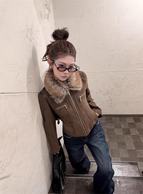 美式中古风加绒豹纹毛领拉炼外套上衣秋冬新款高级感休闲显瘦夹克