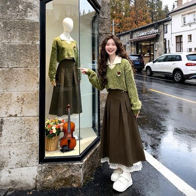 2025新款大码胖mm盐系一整套针织连衣裙子女冬季内搭毛衣套装长裙