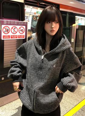 美式复古加厚连帽开衫卫衣女秋冬新款条纹毛呢外套重磅宽松上衣潮