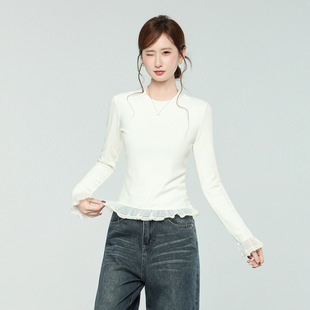 白色蕾丝花边下摆拼接长袖T恤2026秋冬新款叠穿打底衫内搭上衣女