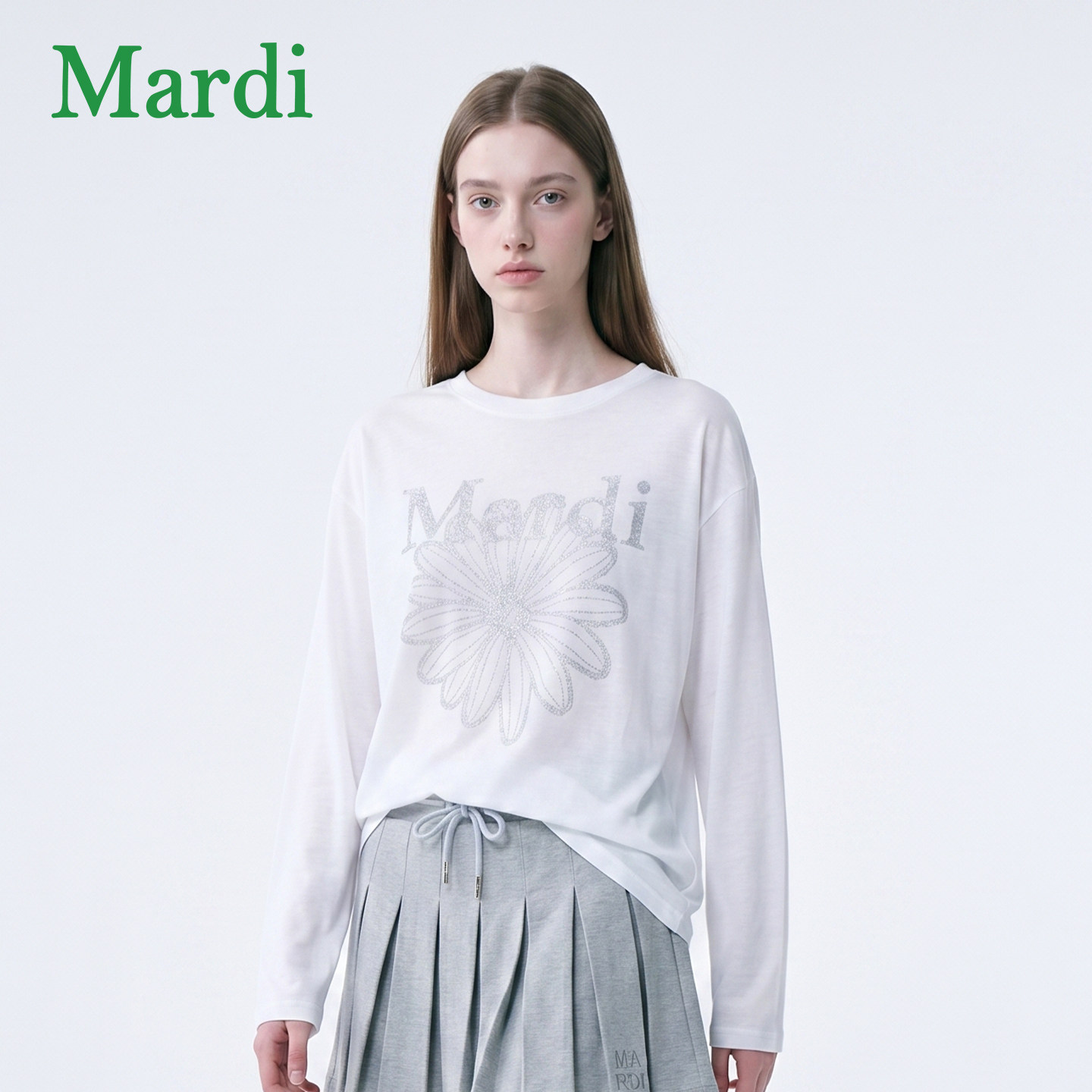 MARDI圆领字母时尚长袖针织衫女短款休闲上衣春季学院风基础款图片