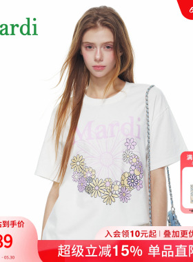 MARDI小雏菊印花短袖T恤女白色圆领休闲上衣度假风花卉粉色少女