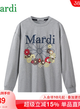 MARDI小雏菊花丛长袖T恤女灰色圆领上衣植物时尚少女休闲风刺绣