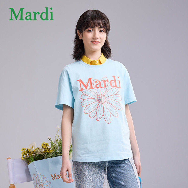 MARDI女款小雏菊时尚圆领套头短袖T恤2026夏季新款宽松纯棉上衣女