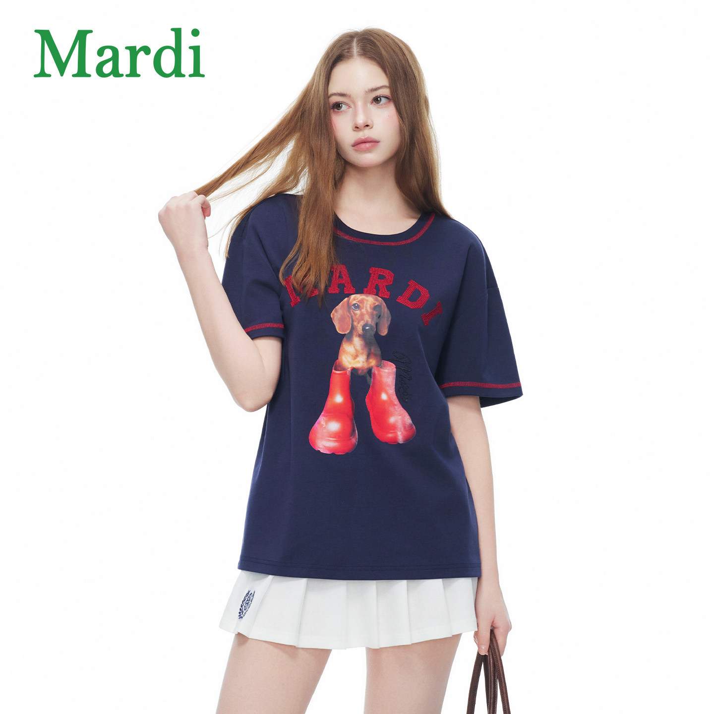 MARDI美式休闲风小狗印花短袖T恤女学院风撞色条纹百搭雾灰少女