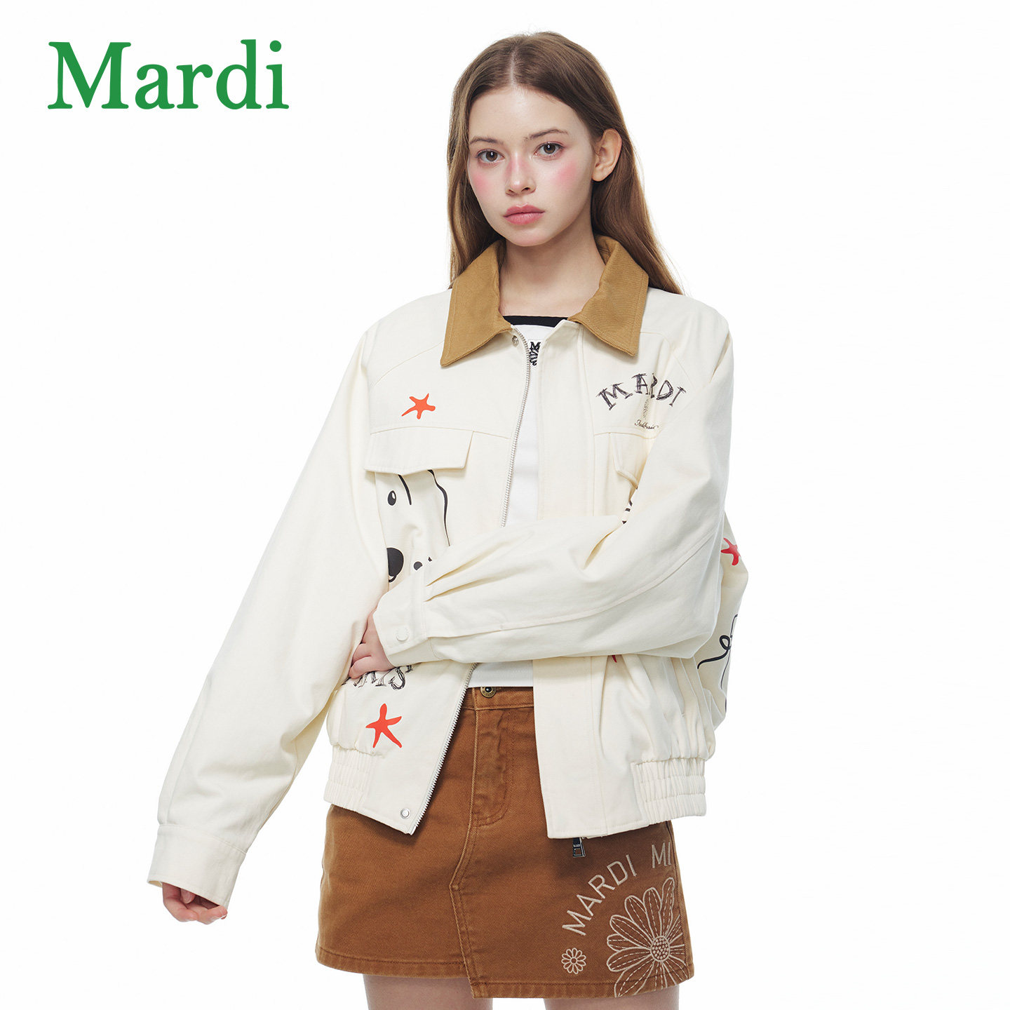 MARDI卡通风拼接领短外套26春款女宽松时尚工装夹克新款上衣