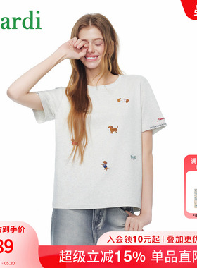 MARDI白色短袖T恤女圆领小狗刺绣宽松柔软棉上衣基础款雾灰少女